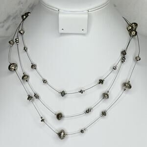 Chico's Triple Strand Silver Tone Beaded Wire Necklace